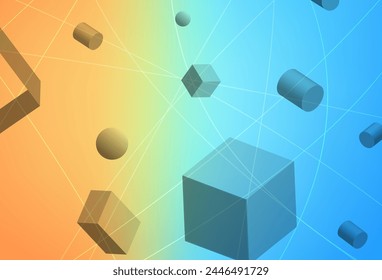 Light Blue, Red vector pattern with 3D cubes, cylinders, spheres, rectangles. Abstract illustration with gradient 3D forms. Wallpaper for a cell phone.