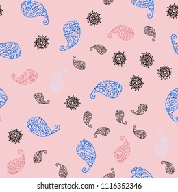 Light Blue, Red vector seamless natural pattern with leaves and flowers. Leaves, flowers in natural style on white background. Completely new template for your brand book.