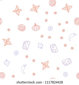 Light Blue, Red vector seamless pattern with fresh ingredients. Fast Food on blurred abstract background with colorful gradient. Pattern for ad, booklets, leaflets of restaurants.