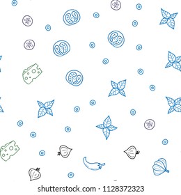 Light Blue, Red vector seamless cover with cuisine gourmet. Beautiful colored illustration with food in doodle style. Pattern for ads of breakfast, lunch, dinner.