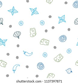 Light Blue, Red vector seamless cover with cuisine gourmet. Decorative shining illustration with food on abstract template. Design for ad, poster, banner of cafes or restaurants.