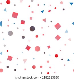 Light Blue, Red vector seamless pattern in polygonal style with circles. Illustration with set of colorful circles, triangles, squares. Pattern for trendy fabric, wallpapers.