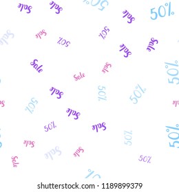 Light Blue, Red vector seamless cover with symbols of 50 % sales. Colored words of sales with gradient on white background. Design for business ads, commercials.