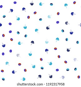 Light Blue, Red vector seamless texture with coffee beans, mugs. Gradient illustration with coffee beans, tea cups. Pattern for menu of cafes and restaurants.