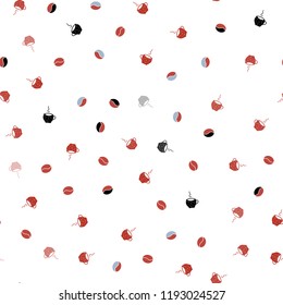 Light Blue, Red vector seamless pattern with coffee beans, cups. Decorative gradient design of coffee cups and beans. Doodle design for your business advert of cafes.