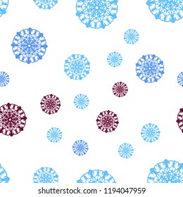 Light Blue, Red vector seamless pattern with christmas snowflakes. Blurred decorative design in xmas style with snow. Design for textile, fabric, wallpapers.