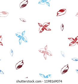 Light Blue, Red vector seamless natural background with leaves. Doodle illustration of leaves in Origami style with gradient. Pattern for design of window blinds, curtains.