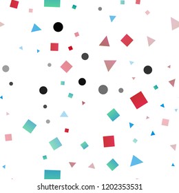 Light Blue, Red vector seamless texture in poly style with circles, cubes. Illustration with set of colorful circles, triangles, squares. Template for business cards, websites.