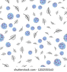 Light Blue, Red vector seamless doodle background with leaves, flowers. Leaves, flowers in doodle style on white background. Pattern for trendy fabric, wallpapers.