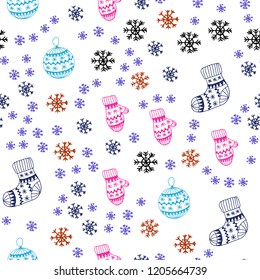 Light Blue, Red vector seamless background with xmas snowflakes, balls, socks, mittens. Colorful xmas elements with gradient. Pattern for design of fabric, wallpapers.