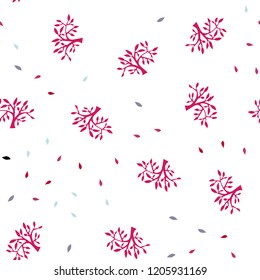 Light Blue, Red vector seamless doodle backdrop with leaves, branches. An elegant bright illustration with leaves and branches. Texture for window blinds, curtains.