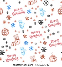 Light Blue, Red vector seamless texture with colored snowflakes, balls, socks, mittens. Colorful illustration with xmas symbols. Template for business cards, websites.