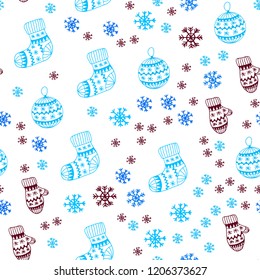 Light Blue, Red vector seamless cover with beautiful snowflakes, balls, socks, mittens. Modern geometric abstract illustration. Texture for window blinds, curtains.