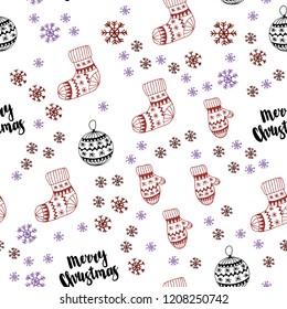 Light Blue, Red vector seamless background with xmas snowflakes, balls, socks, mittens. Shining colorful illustration in christmas style. Pattern for trendy fabric, wallpapers.