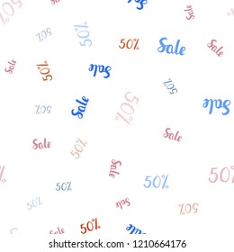 Light Blue, Red vector seamless background with 50 % signs of sales. Colored words of sales with gradient on white background. Backdrop for mega promotions, discounts.