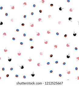 Light Blue, Red vector seamless template with cups of coffee, beans. Gradient illustration with coffee beans, tea cups. Pattern for menu of cafes and restaurants.