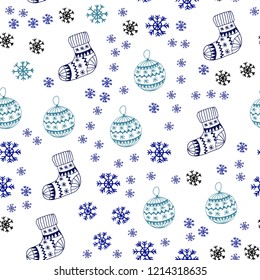 Light Blue, Red vector seamless texture with colored snowflakes, balls, socks, mittens. Colorful xmas elements with gradient. Design for textile, fabric, wallpapers.