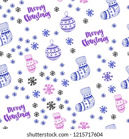 Light Blue, Red vector seamless background with xmas snowflakes, balls, socks, mittens. Colorful xmas elements with gradient. Pattern for design of fabric, wallpapers.