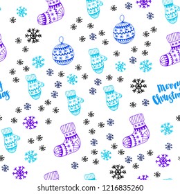 Light Blue, Red vector seamless background with xmas snowflakes, balls, socks, mittens. Colorful decorative design in xmas style. Design for textile, fabric, wallpapers.