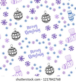 Light Blue, Red vector seamless texture with colored snowflakes, balls, socks, mittens. Modern geometric abstract illustration. Design for textile, fabric, wallpapers.