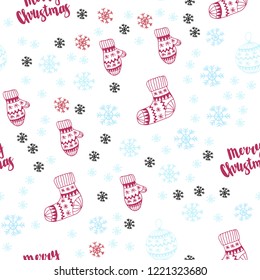 Light Blue, Red vector seamless pattern with christmas snowflakes, balls, socks, mittens. Colorful decorative design in xmas style. Texture for window blinds, curtains.
