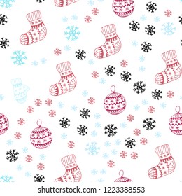 Light Blue, Red vector seamless template with ice snowflakes, balls, socks, mittens. Modern geometric abstract illustration. Pattern for design of fabric, wallpapers.