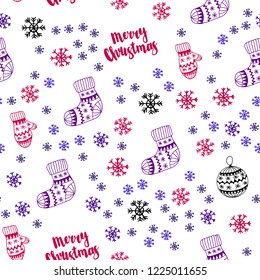 Light Blue, Red vector seamless cover with beautiful snowflakes, balls, socks, mittens. Modern geometric abstract illustration. Design for wallpaper, fabric makers.