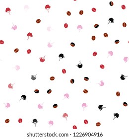 Light Blue, Red vector seamless texture with coffee beans, mugs. Gradient illustration with coffee beans, tea cups. Design for ad, poster, banner of cafes, restaurants.