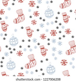 Light Blue, Red vector seamless texture with colored snowflakes, balls, socks, mittens. Glitter abstract illustration with gradient. Pattern for design of fabric, wallpapers.