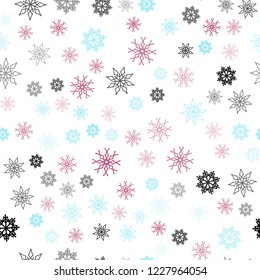 Light Blue, Red vector seamless cover with beautiful snowflakes. Decorative shining illustration with snow on abstract template. Template for business cards, websites.