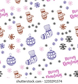 Light Blue, Red vector seamless background with xmas snowflakes, balls, socks, mittens. Shining colorful illustration in christmas style. Pattern for trendy fabric, wallpapers.