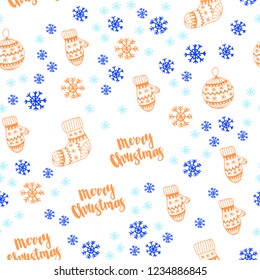 Light Blue, Red vector seamless template with ice snowflakes, balls, socks, mittens. Colorful decorative design in xmas style. Pattern for design of fabric, wallpapers.