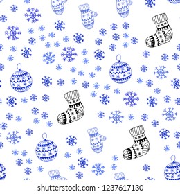 Light Blue, Red vector seamless texture with colored snowflakes, balls, socks, mittens. Colorful xmas elements with gradient. Texture for window blinds, curtains.