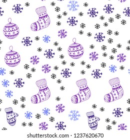 Light Blue, Red vector seamless pattern with christmas snowflakes, balls, socks, mittens. Modern geometric abstract illustration. Texture for window blinds, curtains.