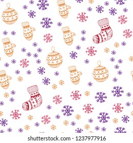 Light Blue, Red vector seamless layout with bright snowflakes, balls, socks, mittens. Shining colorful illustration in christmas style. Pattern for trendy fabric, wallpapers.