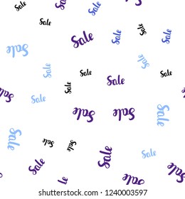 Light Blue, Red vector seamless cover with symbols of sales. Colored words of sales with gradient on white background. Design for business ads, commercials.