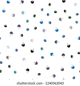 Light Blue, Red vector seamless background with coffee, beans. Decorative gradient design of coffee cups and beans. Pattern for ad, booklets, leaflets of restaurants.