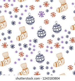 Light Blue, Red vector seamless cover with beautiful snowflakes, balls, socks, mittens. Glitter abstract illustration with gradient. Design for textile, fabric, wallpapers.