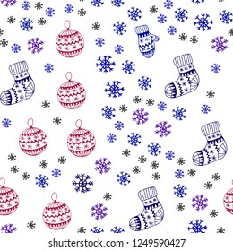 Light Blue, Red vector seamless cover with beautiful snowflakes, balls, socks, mittens. Glitter abstract illustration with gradient. Pattern for trendy fabric, wallpapers.