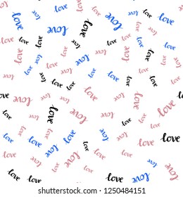 Light Blue, Red vector seamless backdrop with phrase LOVE YOU. Decorative illustration with words of love in abstract style. Pattern for trendy fabric, wallpapers.