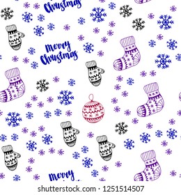 Light Blue, Red vector seamless cover with beautiful snowflakes, balls, socks, mittens. Glitter abstract illustration with gradient. Template for business cards, websites.