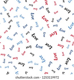 Light Blue, Red vector seamless texture with words LOVE YOU. Illustration with colorful phrase LOVE YOU in romantic style. Texture for window blinds, curtains.