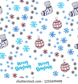 Light Blue, Red vector seamless cover with beautiful snowflakes, balls, socks, mittens. Colorful decorative design in xmas style. Pattern for trendy fabric, wallpapers.