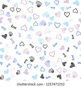 Light Blue, Red vector seamless pattern with phrase LOVE YOU, hearts. Design in doodle style with text LOVE YOU, hearts. Texture for window blinds, curtains.
