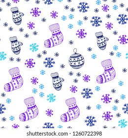 Light Blue, Red vector seamless layout with bright snowflakes, balls, socks, mittens. Colorful illustration with xmas symbols. Pattern for trendy fabric, wallpapers.