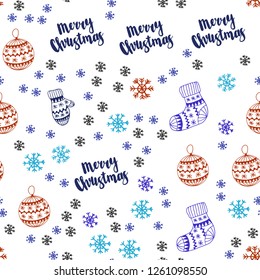 Light Blue, Red vector seamless layout with bright snowflakes, balls, socks, mittens. Colorful illustration with xmas symbols. Design for wallpaper, fabric makers.