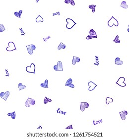 Light Blue, Red vector seamless pattern with phrase LOVE YOU, hearts. Illustration with words of love, hearts in abstract style. Pattern for design of fabric, wallpapers.