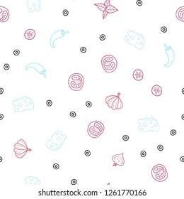 Light Blue, Red vector seamless cover with cuisine gourmet. Beautiful colored illustration with food in doodle style. Doodle design for your business advert of cafes.