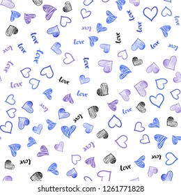 Light Blue, Red vector seamless background with words of love, hearts. Illustration with words of love, hearts in abstract style. Pattern for trendy fabric, wallpapers.