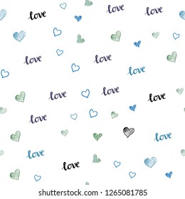Light Blue, Red vector seamless backdrop with phrase LOVE , hearts. Colorful gradient phrase LOVE , hearts in abstract style. Pattern for trendy fabric, wallpapers.